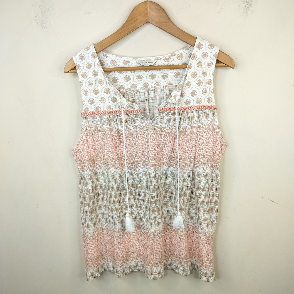 Lucky Brand Tank Top Large Tassel Floral Boho Peasant Pink Cream